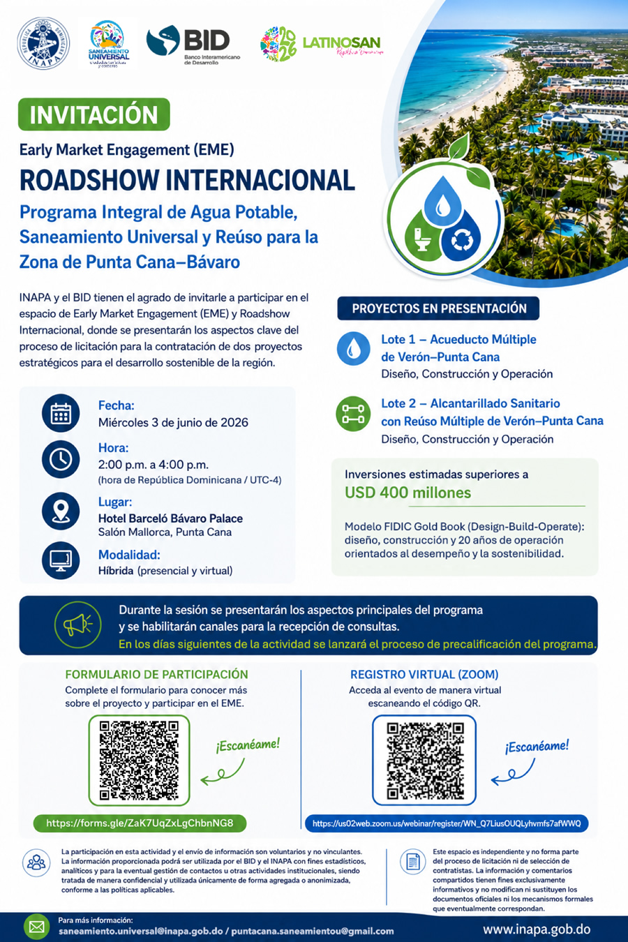 Invitación Roadshow Internacional – Programa Integral de Agua Potable, Saneamiento Universal y Reúso para Punta Cana–Bávaro