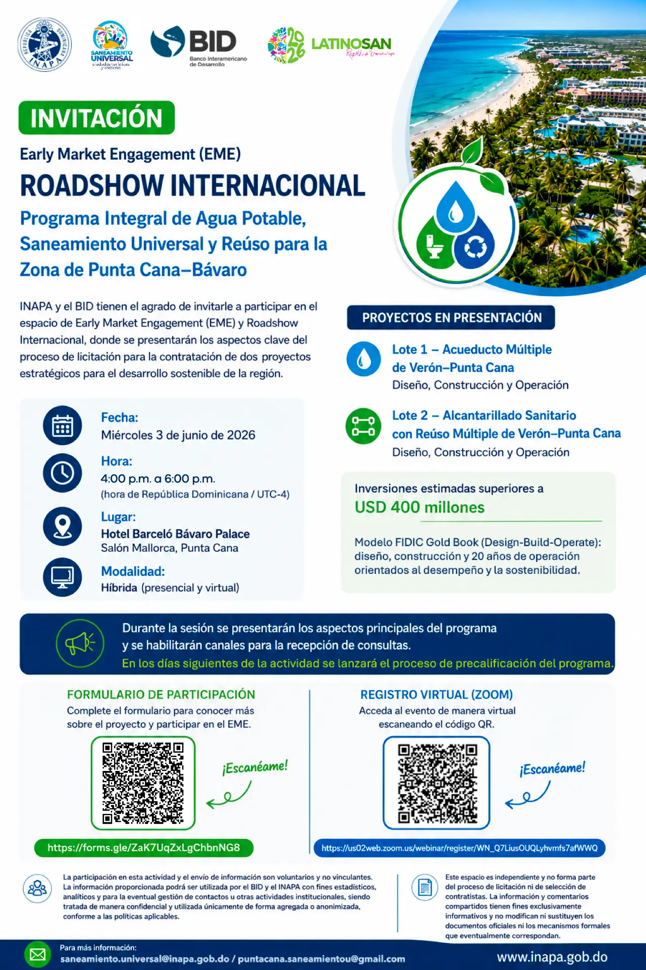 Invitación Roadshow Internacional – Programa Integral de Agua Potable, Saneamiento Universal y Reúso para Punta Cana–Bávaro